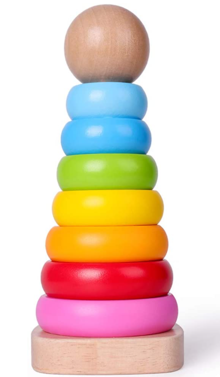 Torre Arcobaleno – giocattolo impilatore ad anelli in legno naturale